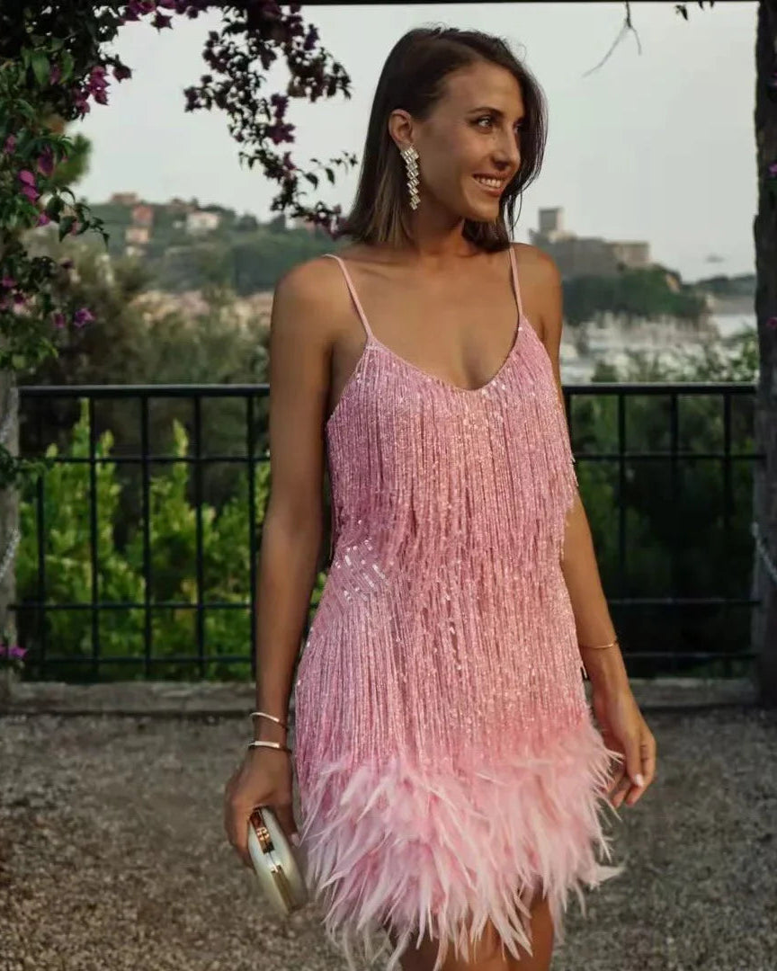 AURELIA™ | Feather-Trim Evening Mini Dress