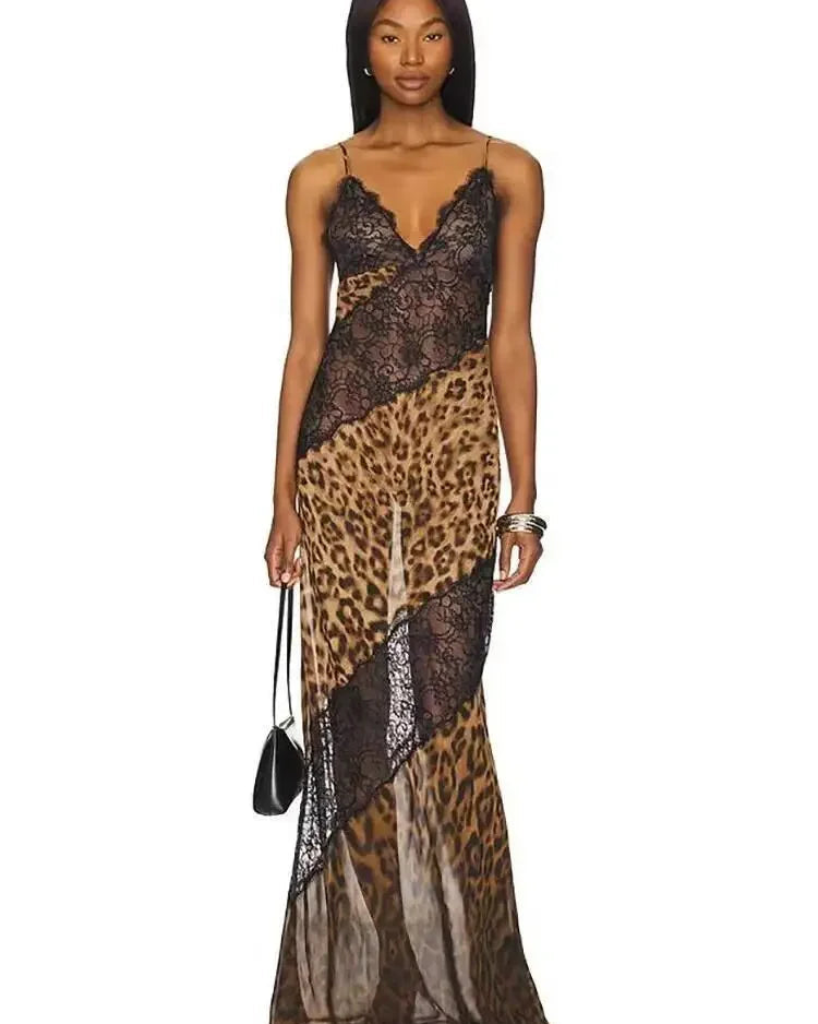 NÉLIA™ | Leopard Lace Maxi Dress