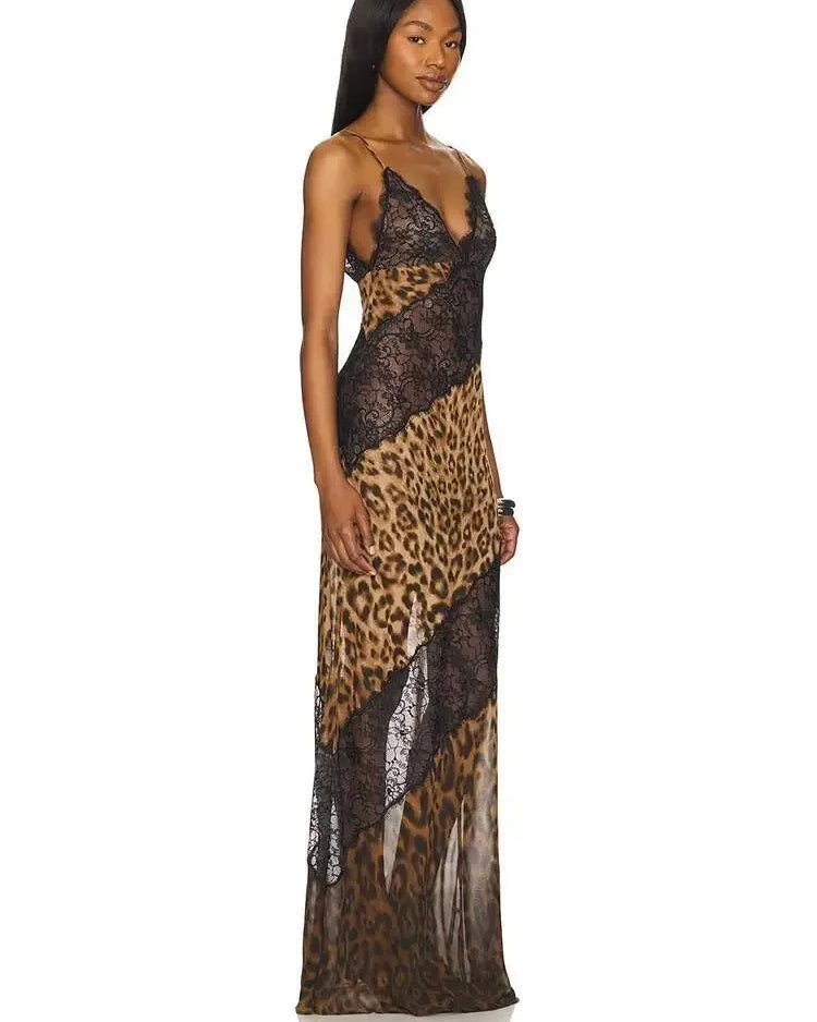 NÉLIA™ | Leopard Lace Maxi Dress