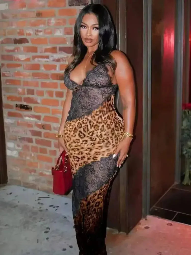 NÉLIA™ | Leopard Lace Maxi Dress